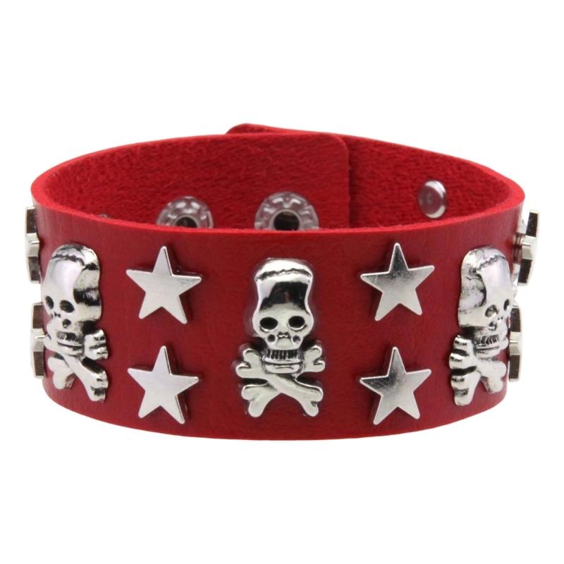 Wide Skull Star Wristband with Adjustable Snap Closure, Punk Statement Bracelet for Parties, Concert Looks, and Streetwear