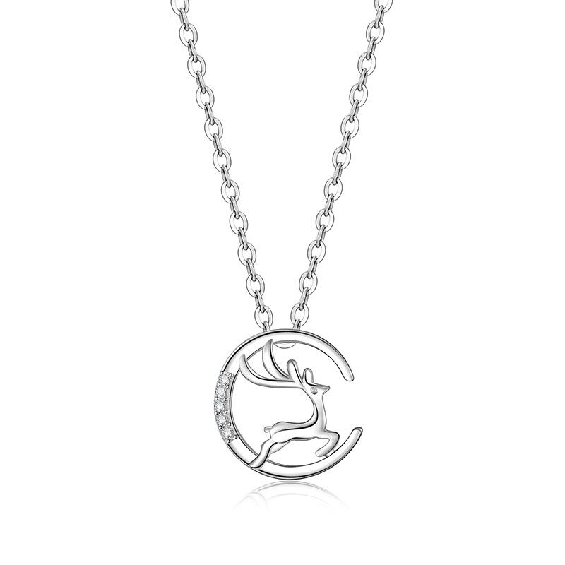 

S925 Sterling Silver Fawn Pendant Necklace, Women s Moon & Elk Clavicle Chain, Always With You Christmas Gift for Girls 925 Silver