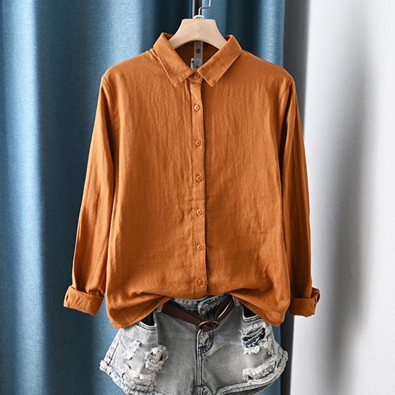 

Ретро воротник однотонная двухслойная хлопковая пряжа универсальная рубашка для весны и лета простые длинные рукава женские топы блузки и рубашки XXL