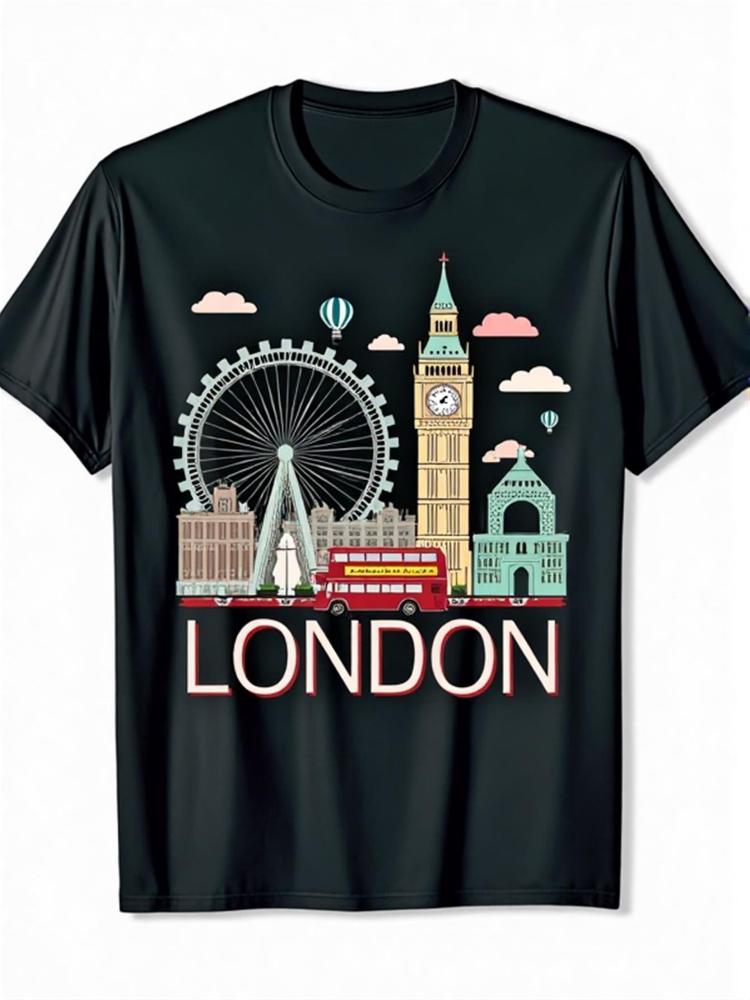 London SouvenirBig BenLondon EyeBus with Hot Air BalloonCloudsLondon Skyline Design100cotton printed mens Tshirt