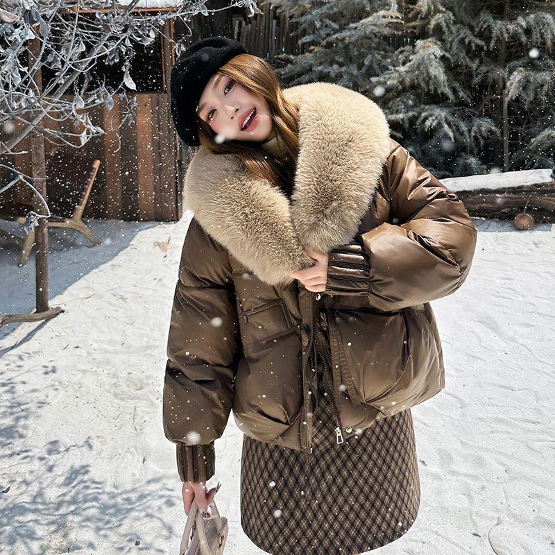 Chic Winter Women Jacket Korean Style Faux Fur Collar Slim Fit Warm Padded Coat Fashionable Outwear