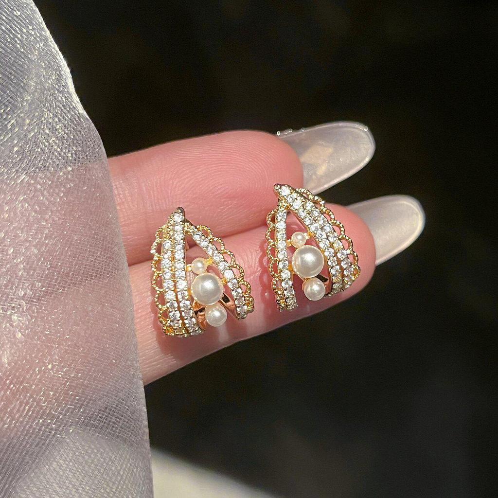French Pearl & Zircon Earrings: Women's Light Luxury Lace Edged Studs, Hoops, and Clips.