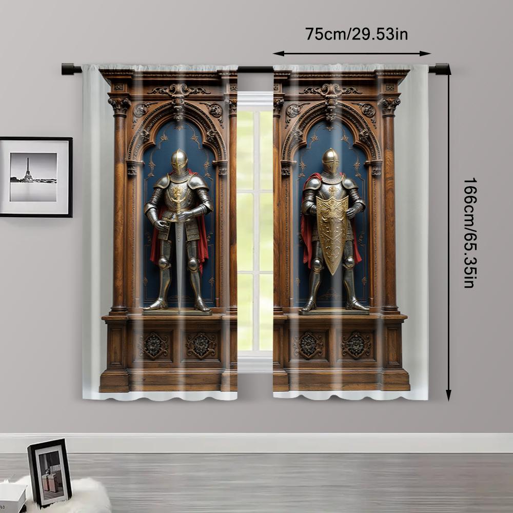 2pcs   Light Filtering Curtains Medieval Knight Armor Fabric (without rod) Festive Use for Living Room & Kitchen Decor
