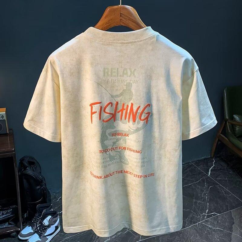 American Loose Short-Sleeved T-Shirt Men'S Heavy Trendy Printed Top T-Shirt Casual Shoulder-Down Half-Sleeved Men'S Clothes