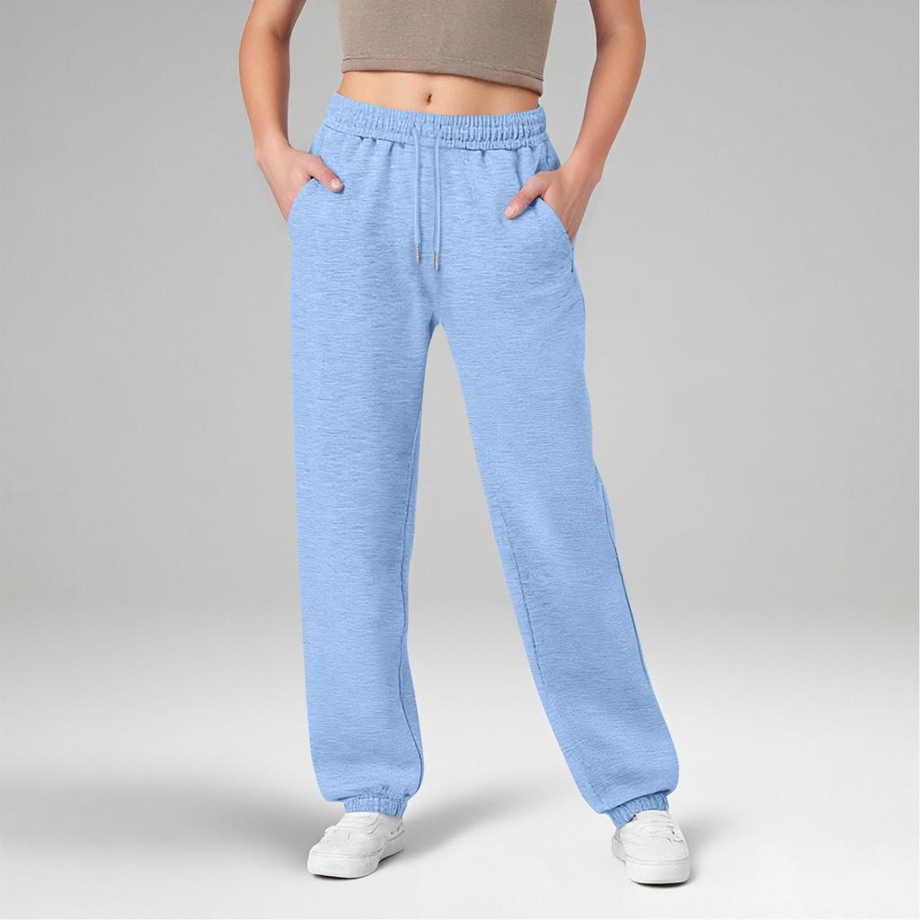 Women's Wide Leg Sports Pants Yoga Straight Mid-Rise Drawstring Elastic Low-Waist Clothing With Pockets