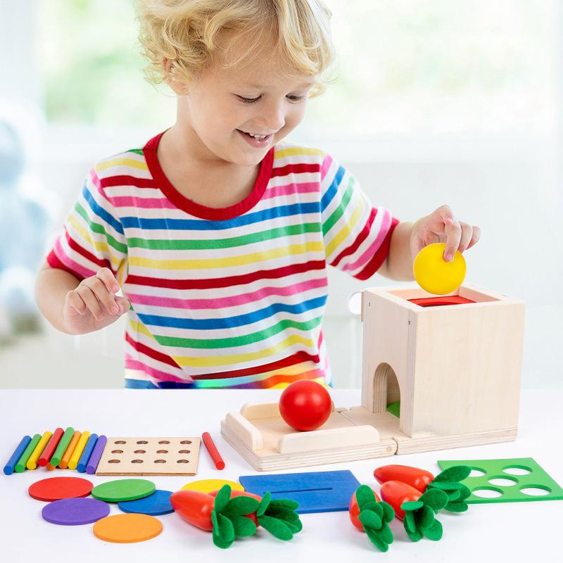 Toys Educational 4 In 1 Play Kit Montessori Object Permanence Box Coin Carrot Harvest Toy Wooden Shape Sorter Learning for Kids