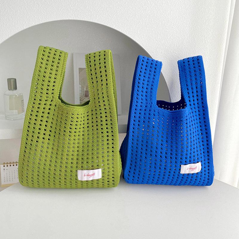 Knitted Wrist Bag Women Casual Shoulder Tote Bag Hollow Out Female Reusable Shopping Bags Girls Woven Small Handbag AVE