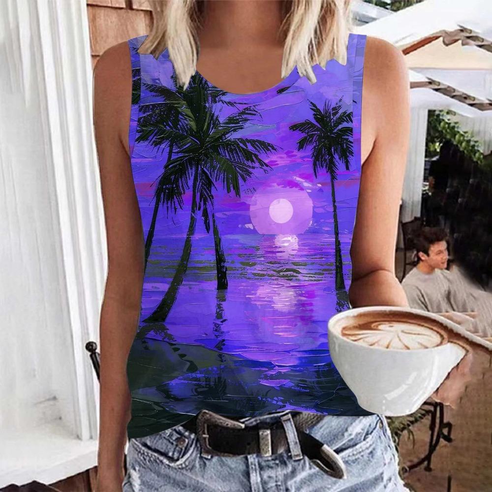 Hawaiian Coconut Tree 3D Printed Women's Summer Round Neck Casual Vest