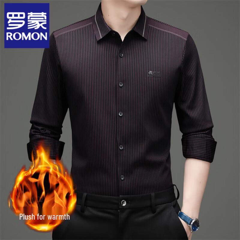 Romons Men s Striped Warm Non-Iron Fleece Shirt M