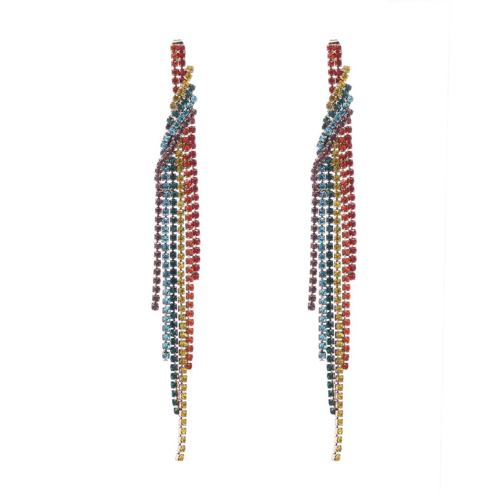 S925 Silver Needle Rhinestone Tassel Earrings - Exquisite Long Claw Chain with Colored Diamonds, European & American Style