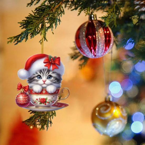 Acrylic Teacup Cat Hanging Ornaments Cute Cartoon Cat Christmas Ornament 2D