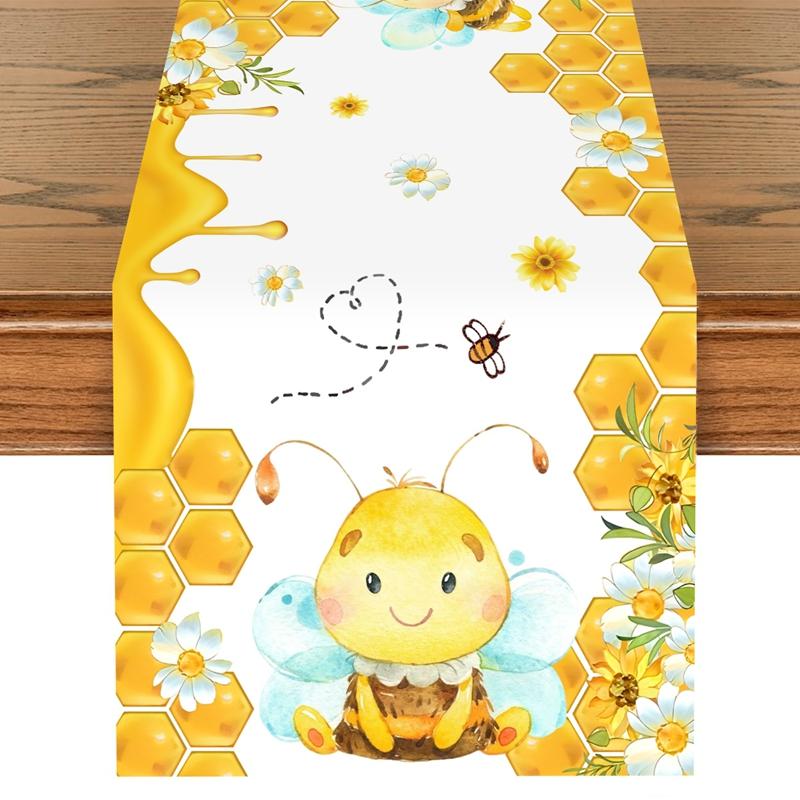Summer Sweet Bee Daisy Polyester Table Runners Holiday Party Decorations Cute Bee Dining Table Runners Kids Bithday Table Decor
