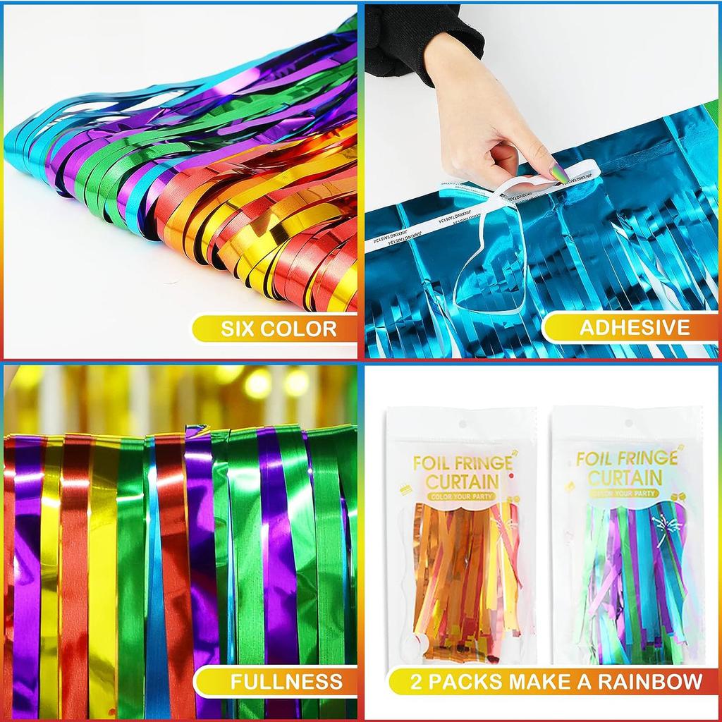 2 Pack Rainbow Foil Fringe Curtains Rainbow Party Decorations 3.3x6.6ft Tinsel Metallic Streamers Holiday Photo Booth  for Party
