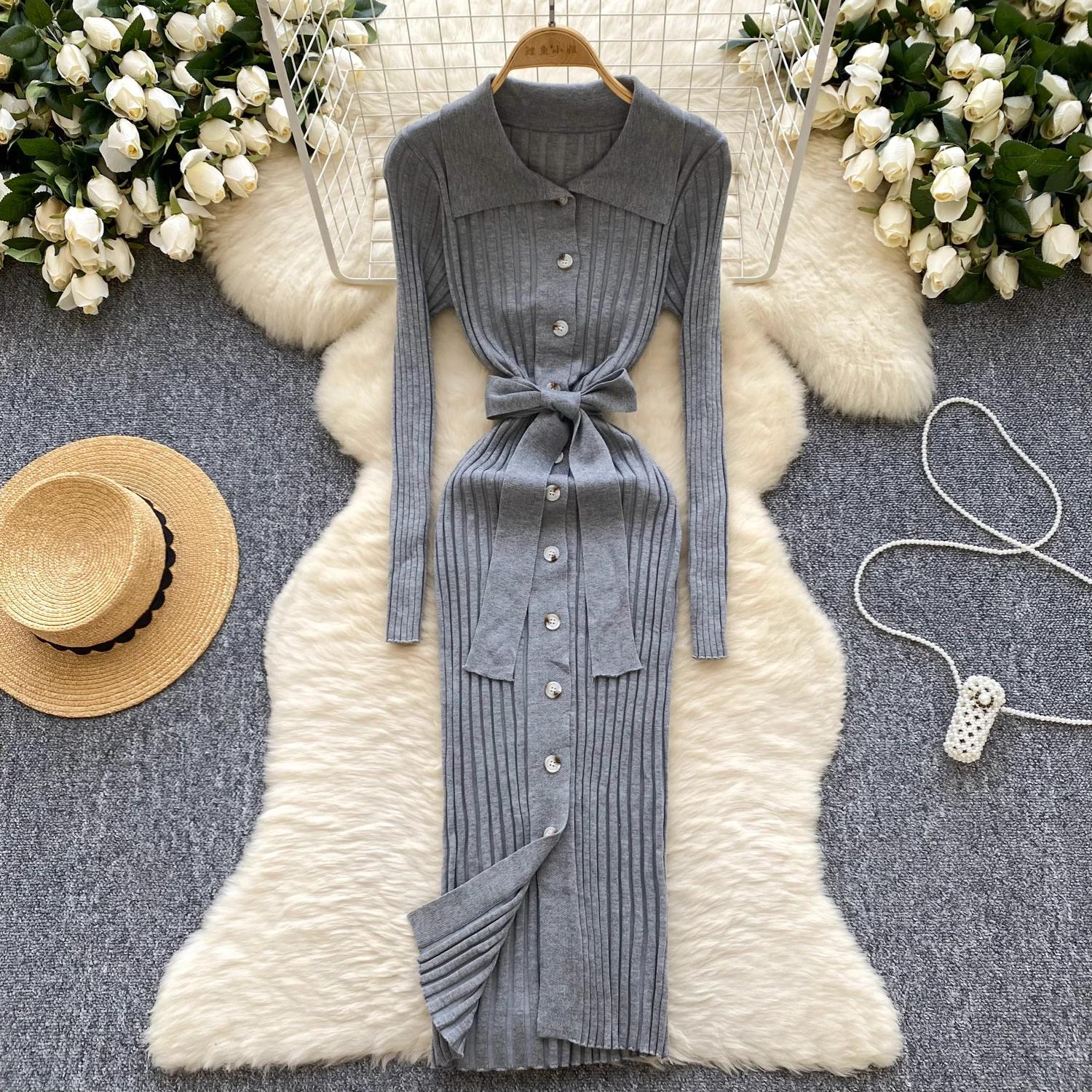 Винтажное отложной воротник элегантное длинное рукав однобортное бандажное трикотажное