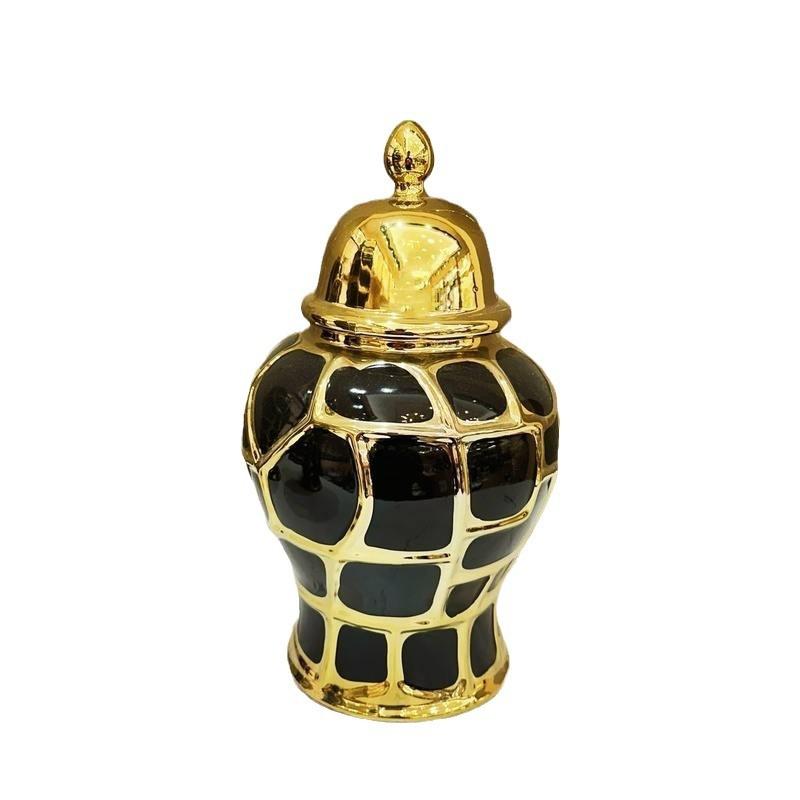 Schwarzes Karomuster Keramik Schachmatt Glas Vorratsglas Blumenvase Versiegelter Vorratsbehälter Ingwerglas Chinesisches Porzellan Handwerkskunst Heimdekoration