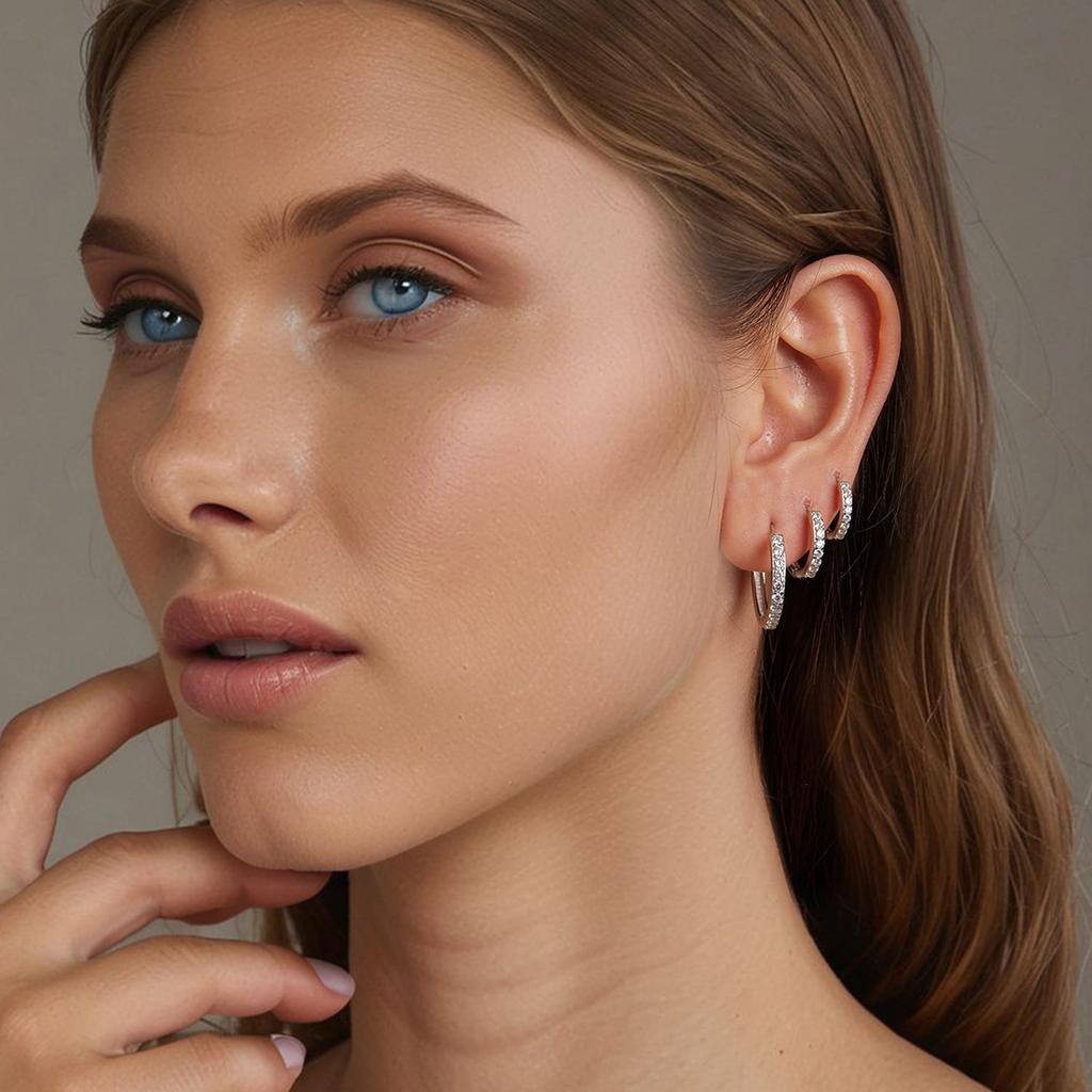 Silver Classic Hoop Earrings with Crystals and Clasps, Size S