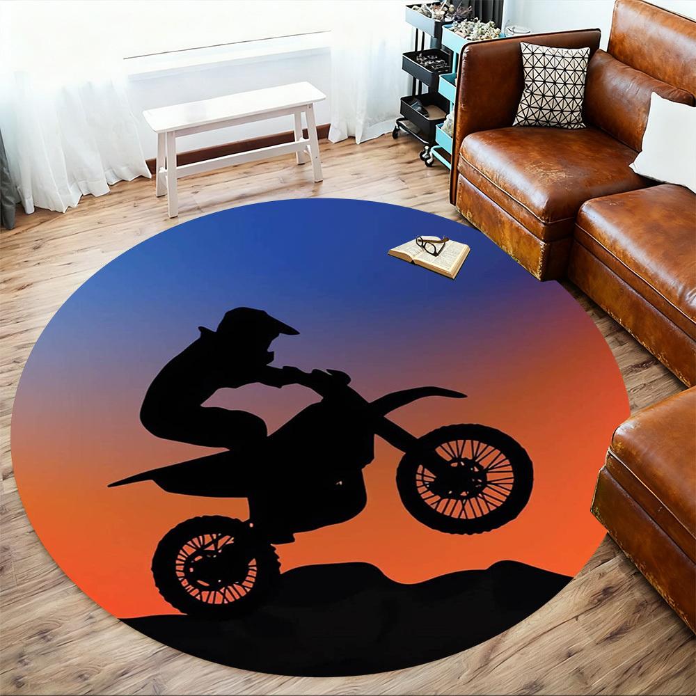 1pc Motorcycle Sunset Round Chair mat Area Rug - Non-Slip, Floor Mat for Office, Bedroom, home decor Christmas Gift p0811050