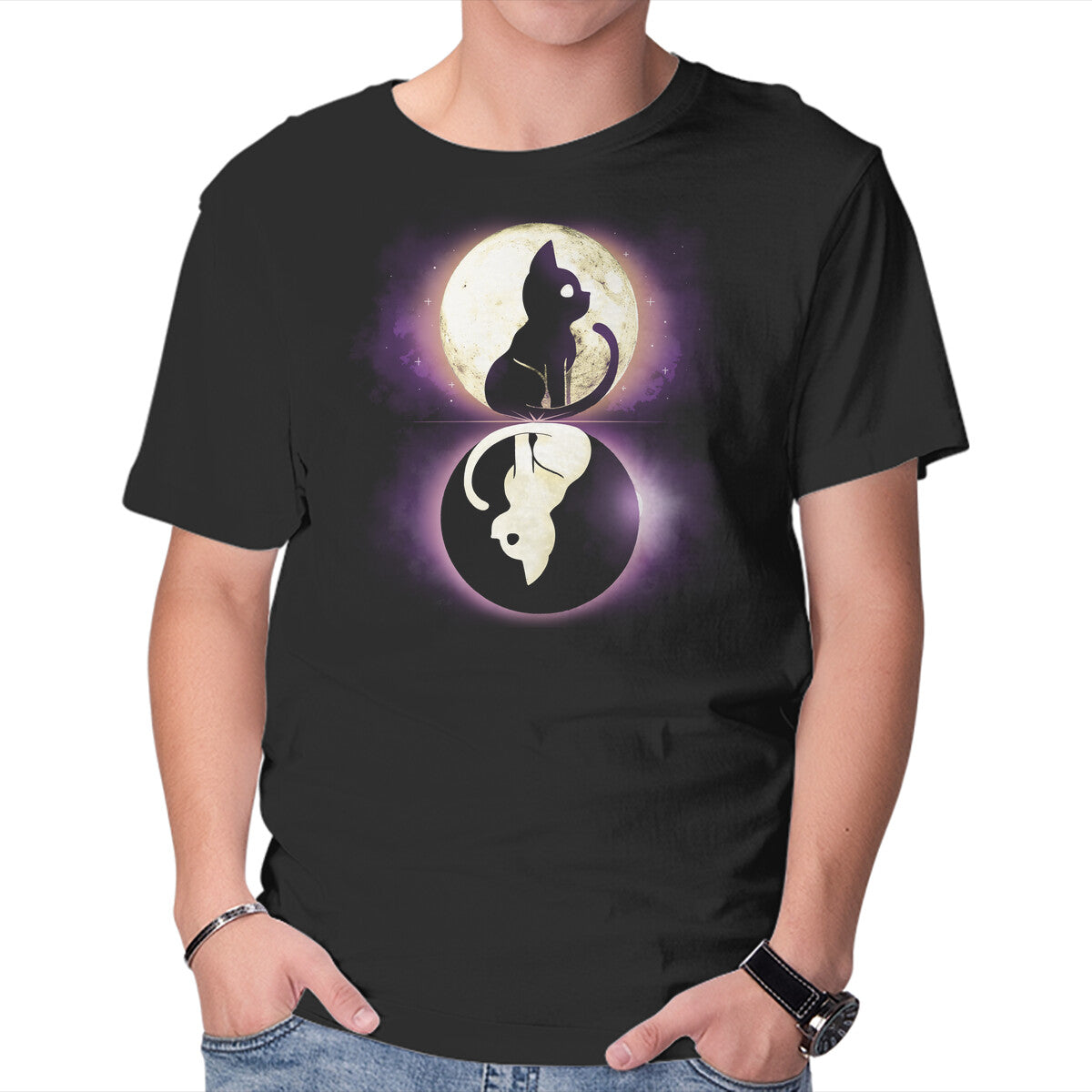Unisex Crew Neck T-Shirt Moon Eclipse Cats Graphic Short Sleeve Casual Tee L