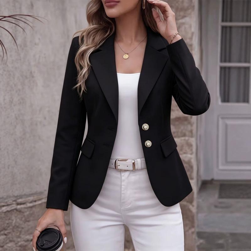 Women S Long Sleeve Blazer Jacket With Turn Down Collar Two Buttons Flap Pockets