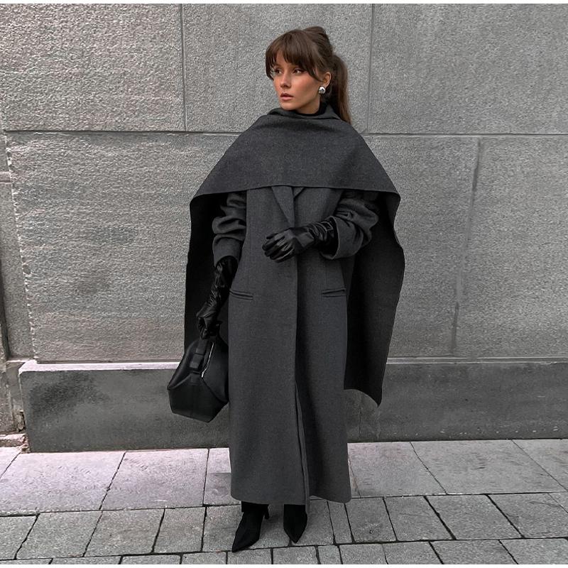 Casaco de lã com gola cachecol chique de cor sólida, bolsos elegantes, jaquetas trespassadas, novo vestuário feminino grande