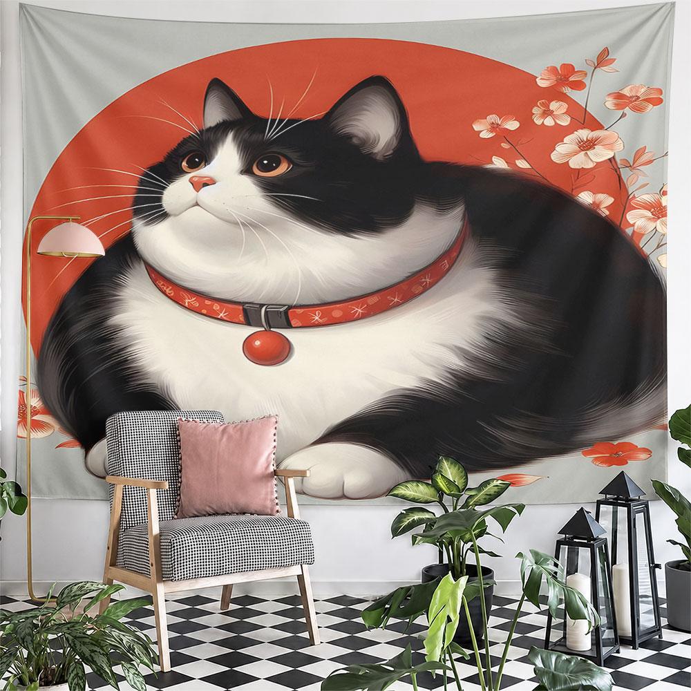 Black and White Cat with Floral Background Pattern Wall Hanging Tapestry Decorative Tapestry Home Decor for Bedroom and Living Room
