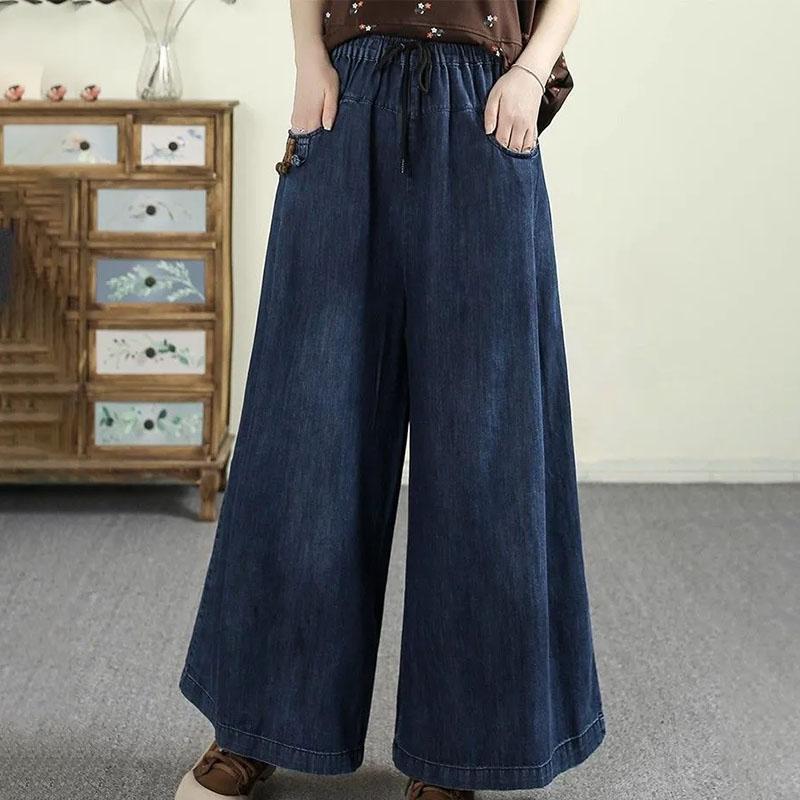 Pants for Women Elastic High Waist Long Trousers Plus Size Thickened Stretchy Solid Colour Versatile Casual Wide Leg Jeans Pants