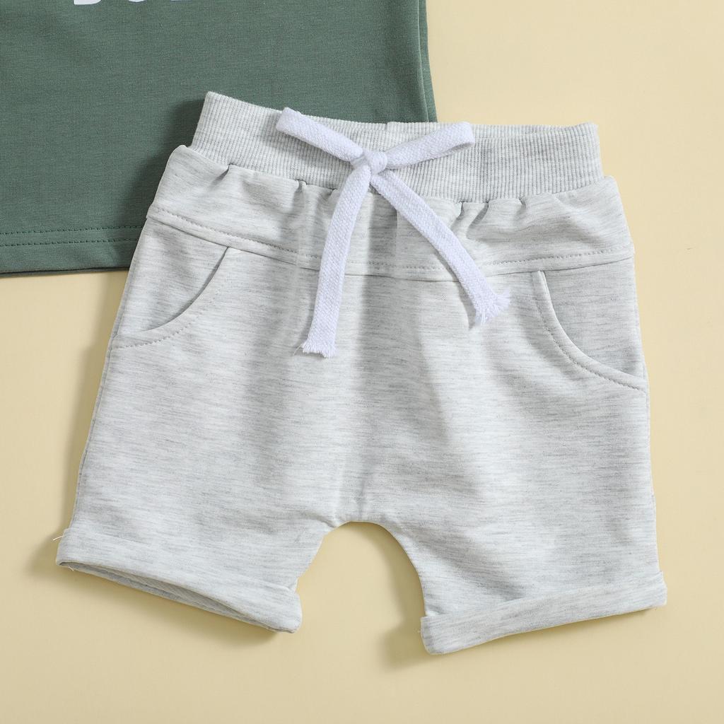 Summer Children's Wear Crewneck Letter-printed Top Solid Color Shorts Two-piece Set