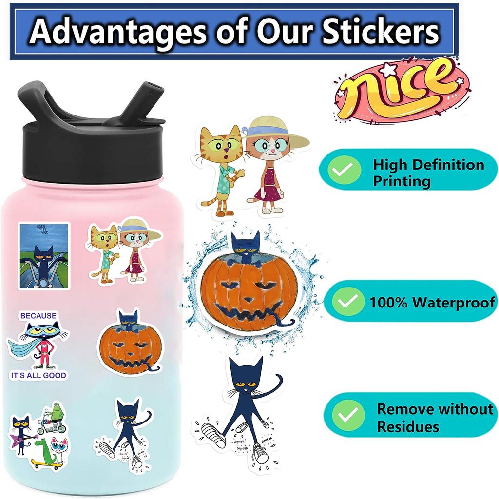 50 Cartoon Pete Cat Stickers DIY Decorative Guitar Notebook Suitcase DIY Waterproof Stickers