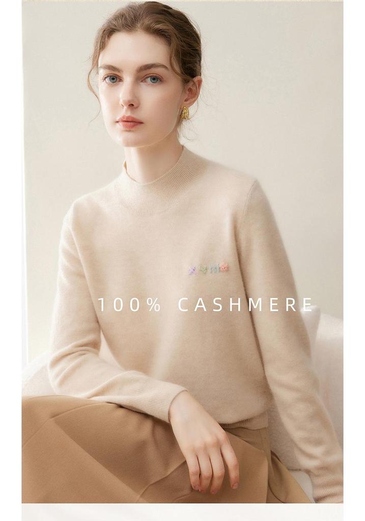 Women's Pure Cashmere Half-High Neck Embroidered Sweater - Loose Fit Knitwear for Autumn/Winter