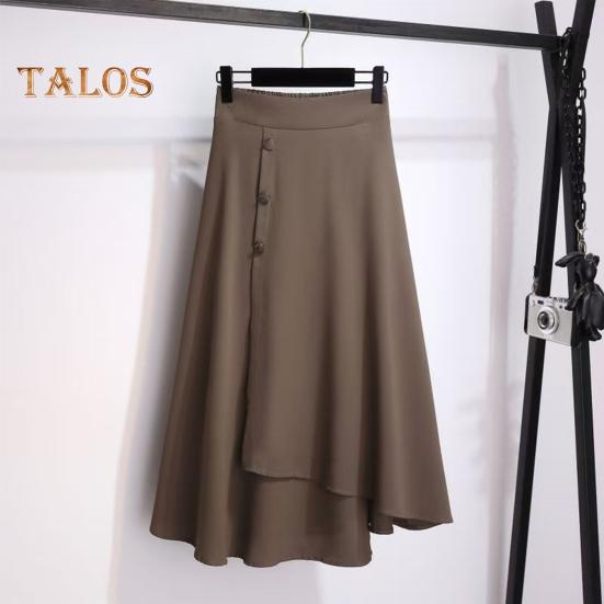 Midirock mit hoher Taille, Knöpfen, Dekor, unregelmäßiger A-Linien-Rock mit großem Saum, einfarbig, dünner Sommerrock