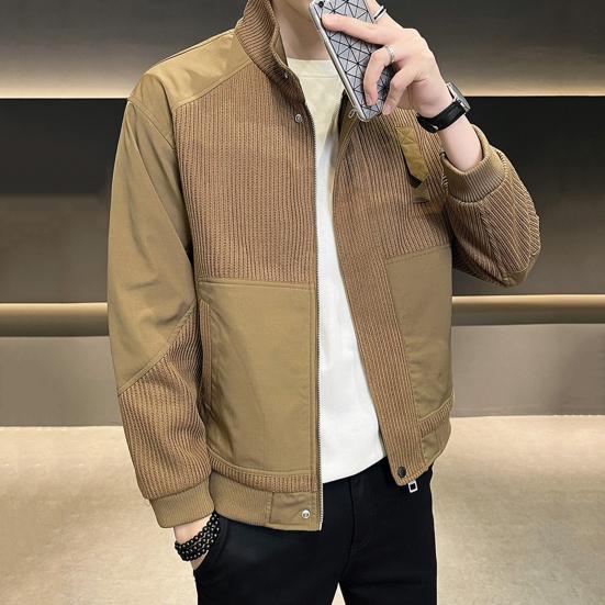 Men Jacket Stand Collar Long Sleeve Zipper Placket Jacket Coat Solid Color Retro Corduroy Jacket Short Style Windbreaker