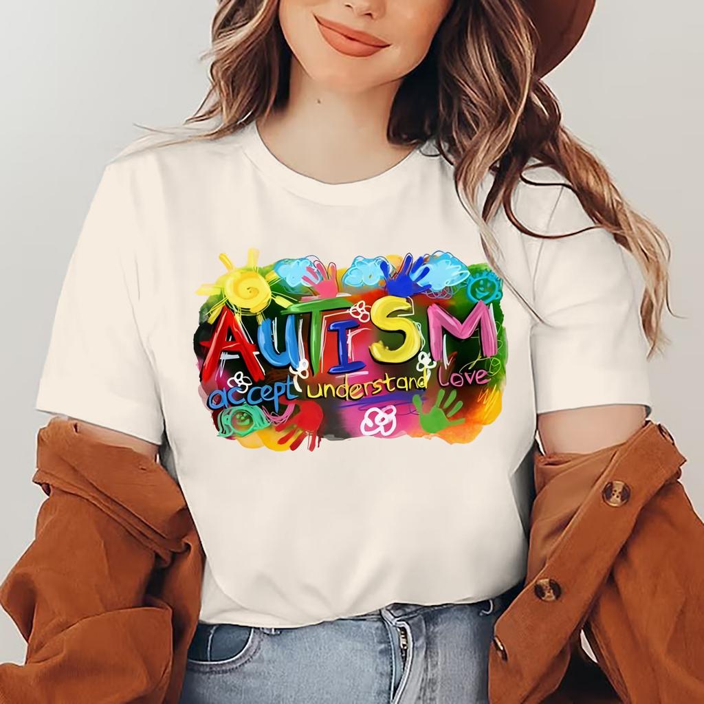 Autism Awareness Im April We Wear Blue Casual TShirt Soft Elastane Blend Crew Neck Short Sleeve Womens Spring Tops