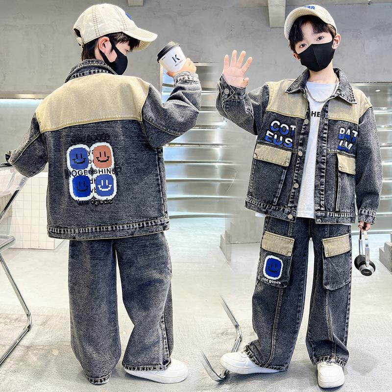 

Boys Trendy Blue Print Denim Set - Spring & Autumn 2025 Style for Ages 8-10, Street Cool 120