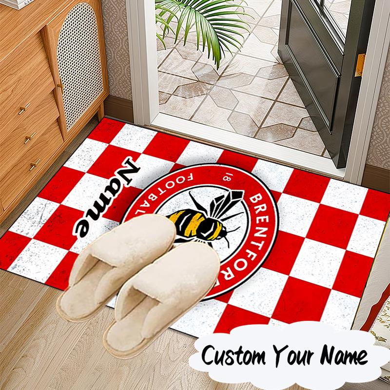 Custom Name Brentford Crest Design Rug for Living Room, Game Rooms, Office, Bedroom, Floor Mat Playful Design, Fan Gifts Christmas Decor