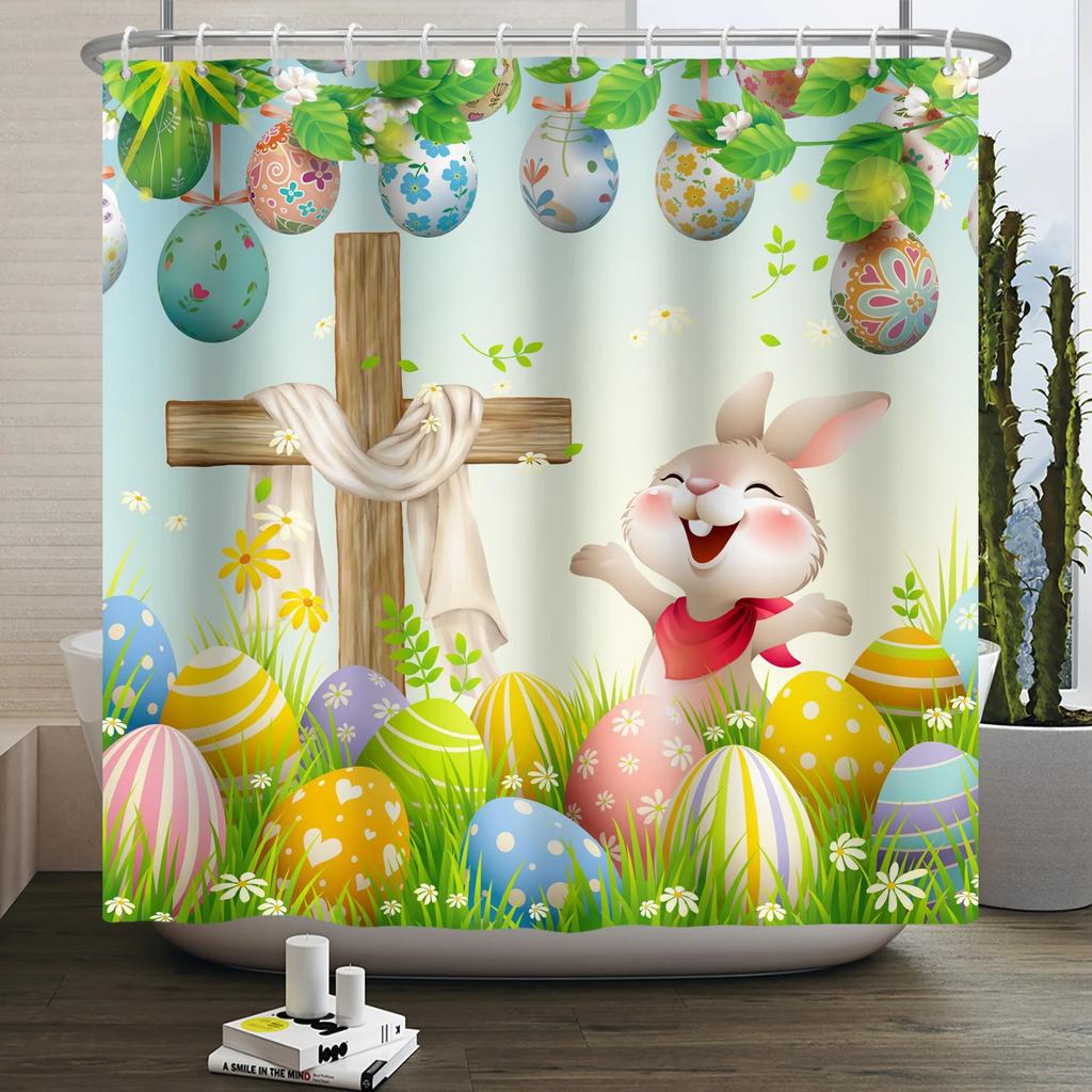 Spring Easter Shower Curtain Happy Rabbit Bunny Eggs Flower Garden Floral Holiday Waterproof Bathroom Shower Curtain With Hooks
