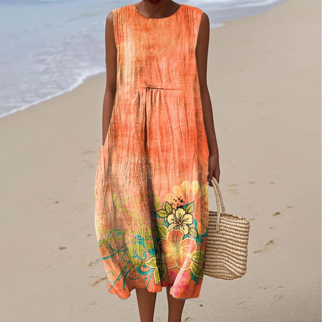 Summer European and American women's new sleeveless seaside vacation D printing dress