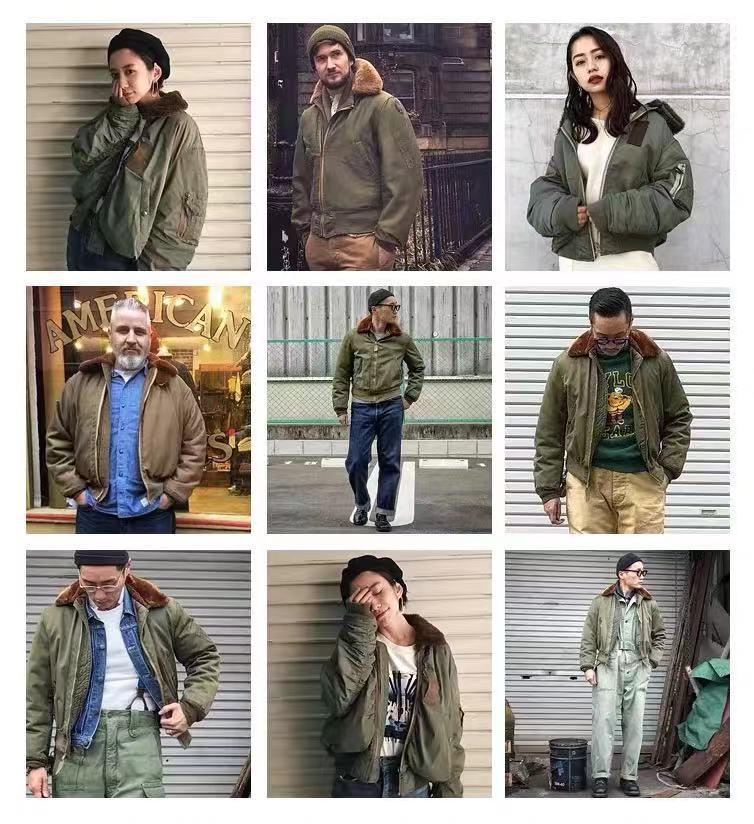 Shenwu Amei Herren Khaki B-15 Fliegerjacke Retro Baumwollparka Wintermantel