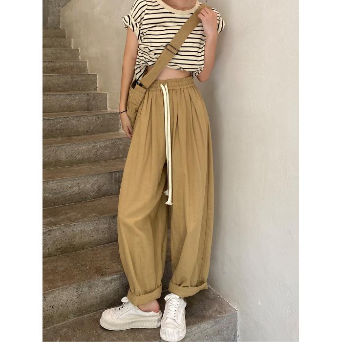 Women's Beige Cargo Pants | High-Waist Enzyme-Washed Cotton Japanese-Style Loose Lantern Carrot Straight Wide-Leg Casual Trousers for Spring-Autumn