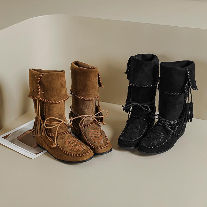 Bohemian Style Mid-Calf Cowboy Boots with Lace-Up Foldable Design, Women's Slimming Slouch Boots.