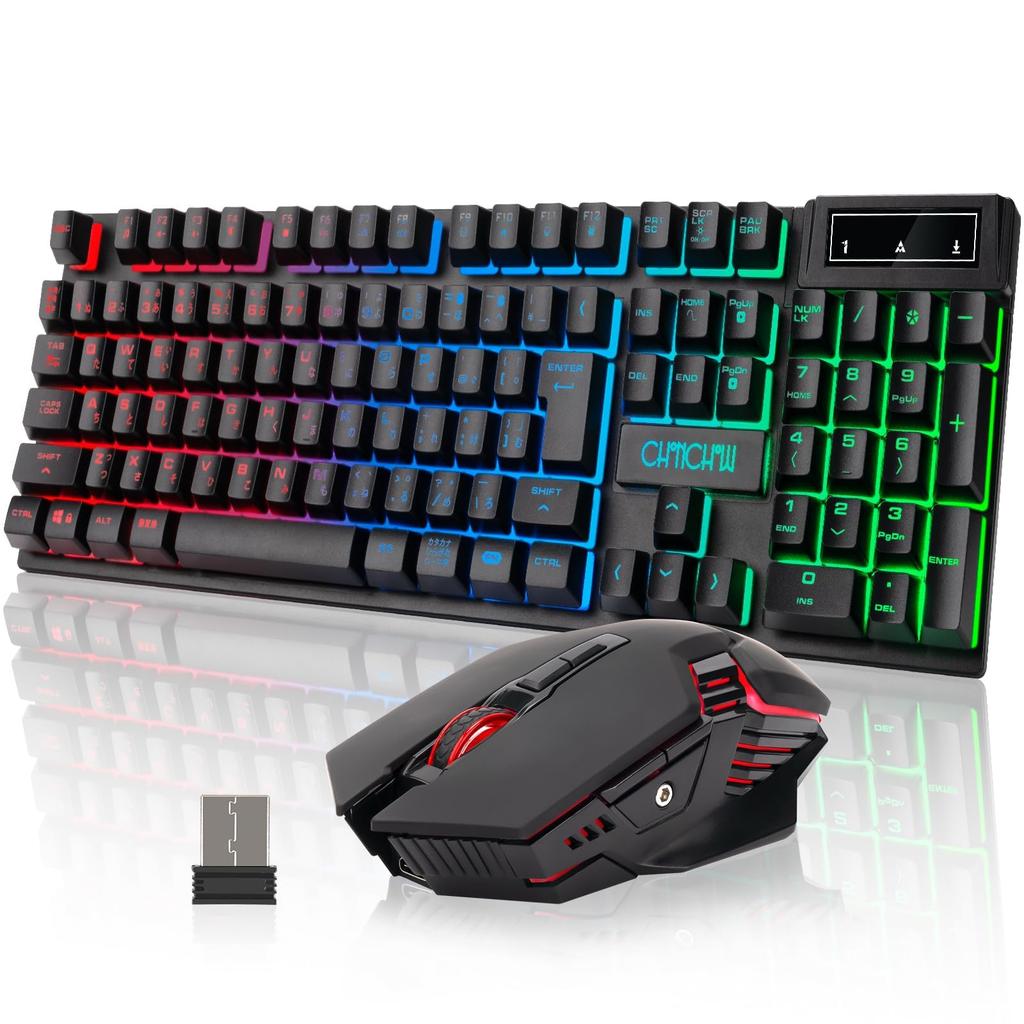 CHONCHOW Wireless Gaming Keyboard and Mouse Set, 108-Key Backlit Keyboard, 2.4GHz Wireless, 3000mAh Rechargeable Battery, Japanese Layout, 19-Key