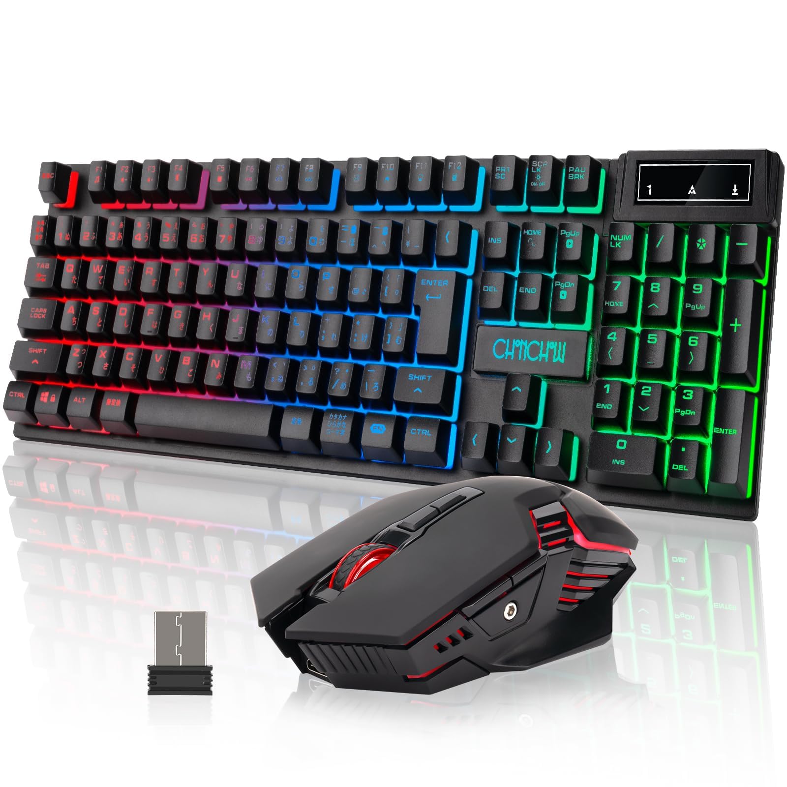 

CHONCHOW Wireless Gaming Keyboard and Mouse Set, 108-Key Backlit Keyboard, 2.4GHz Wireless, 3000mAh Rechargeable Battery, Japanese Layout, 19-Key