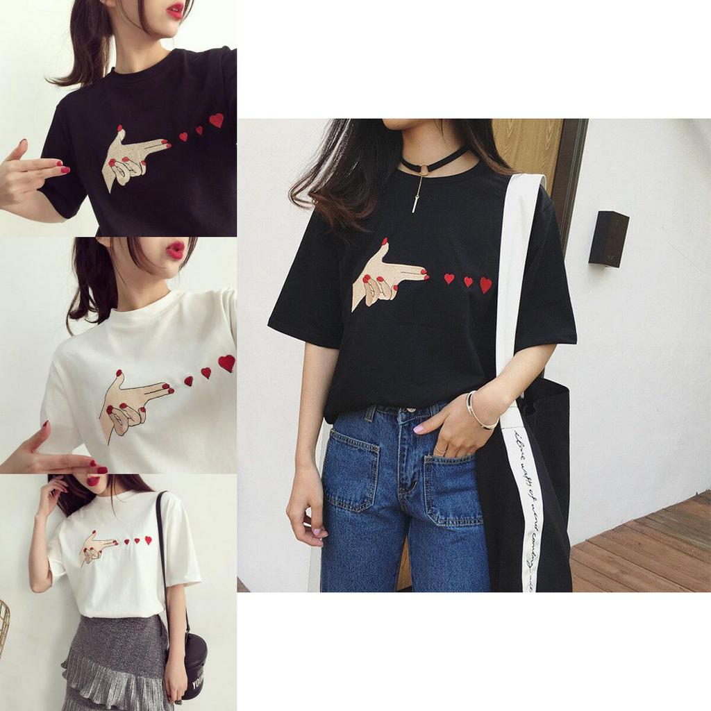 Fashion Women Girl Korean Summer Heart Print Casual T-shirt With Short Sleeves