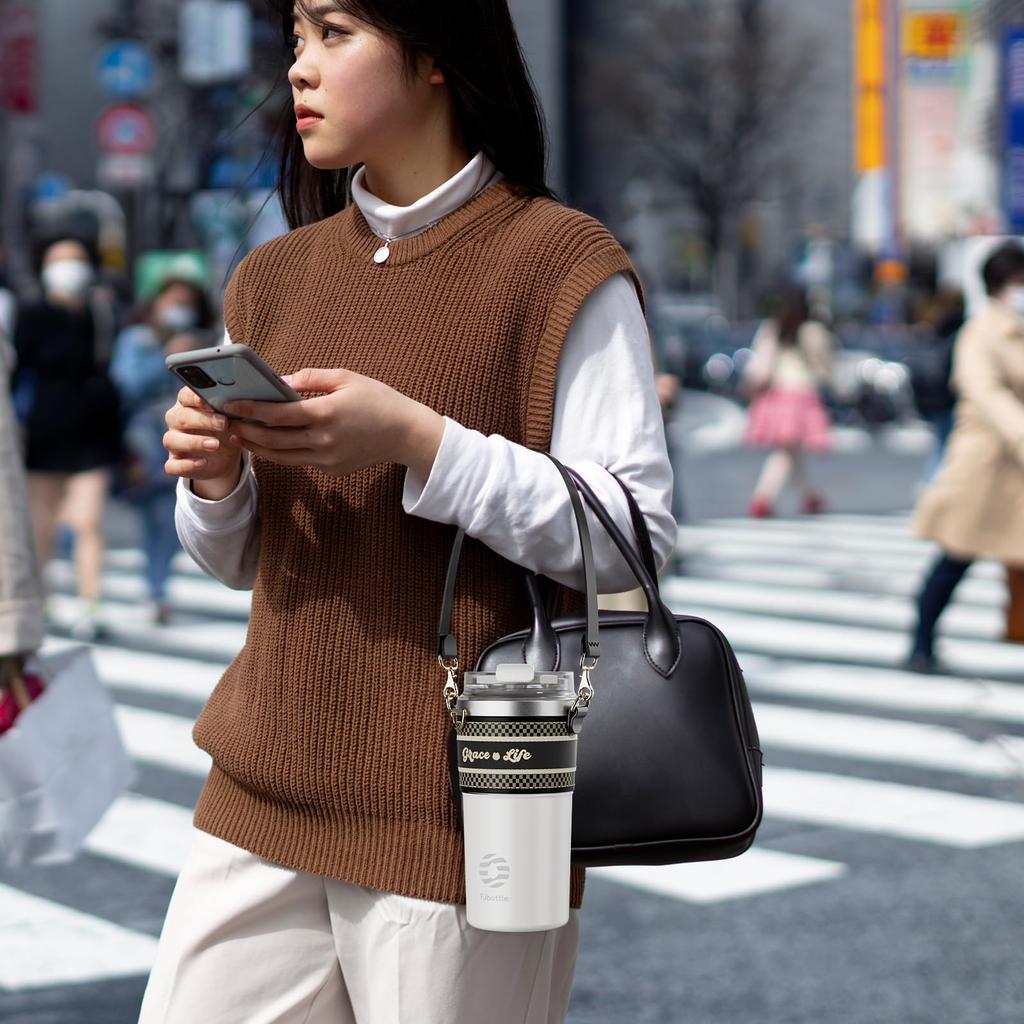 FJbottle 500ml Vacuum Insulated Mug Bottle with Strap, Direct Drinking, Keeps Hot or Cold, Easy To Clean, Wide Mouth Stainless Steel Bottle with