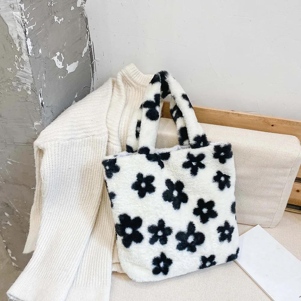 Women Bag Autumn Winter Flower Printed Underarm Bag Fluffy Tote Bag Plush Soft Handbags Ladies Large Capacity Furry Shoulder Bag