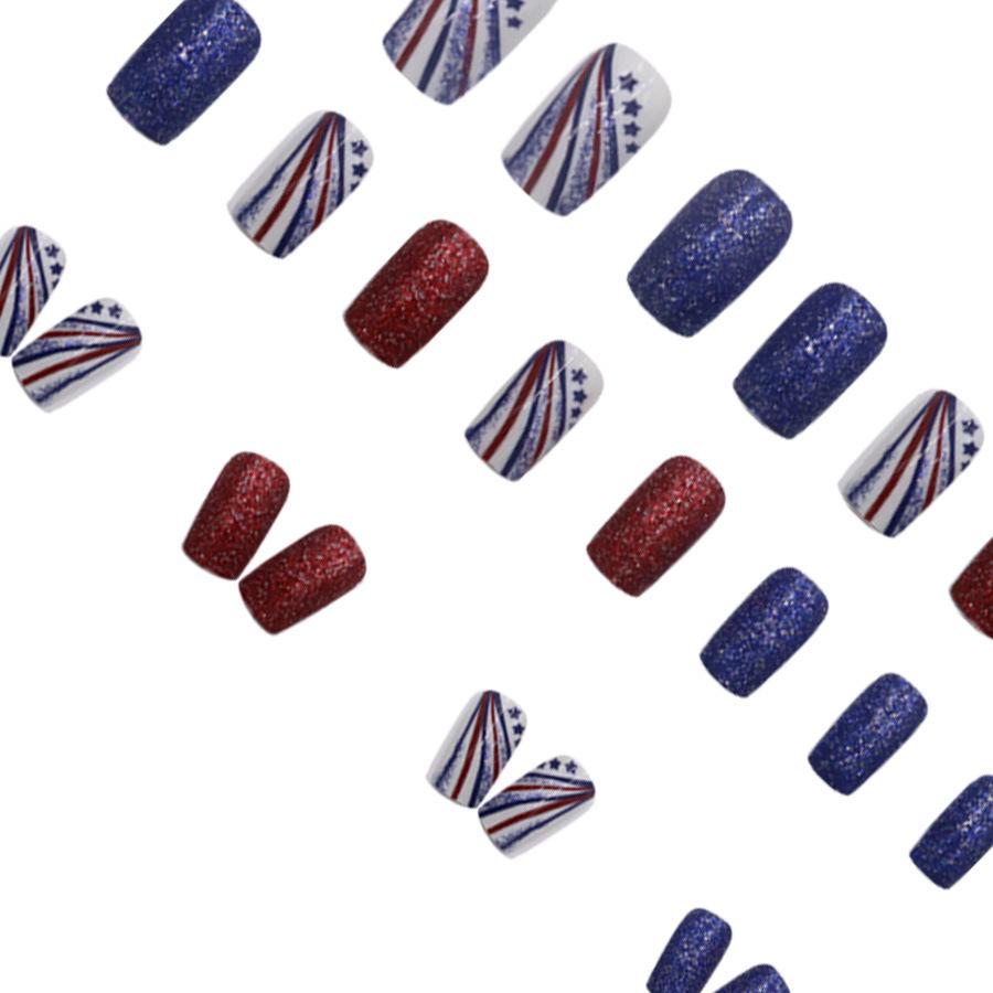 Navy Blue Glitter Star Wearable Nails, Medium Short Square - Trendy Detachable Finished Manicure