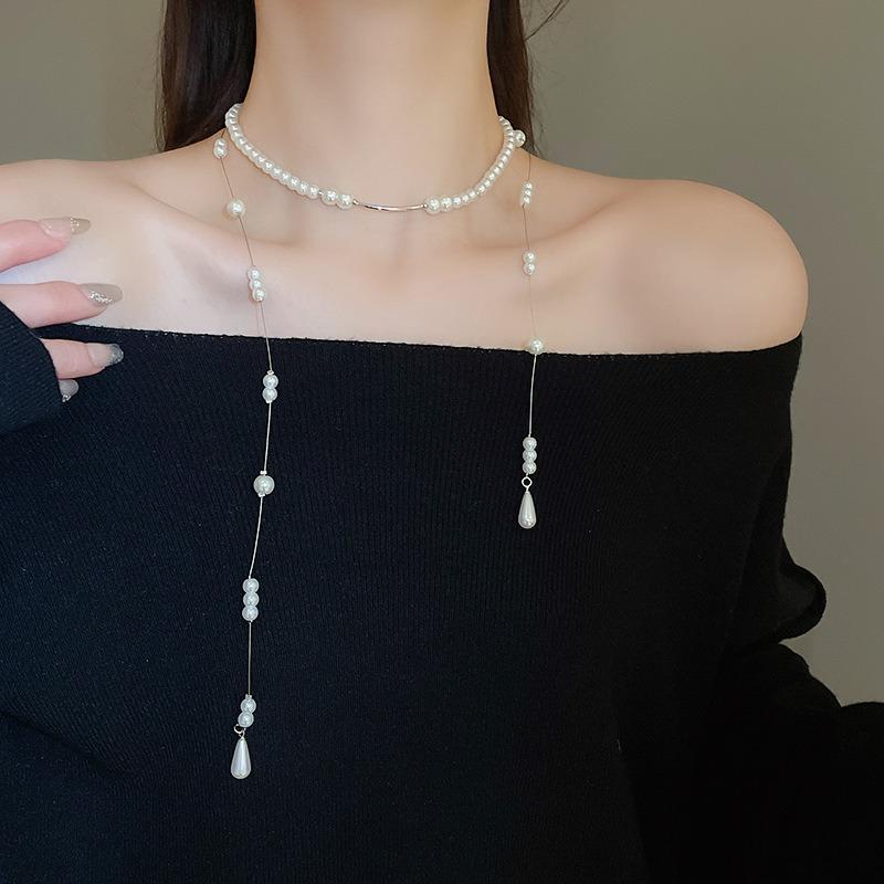 French Geometric Round Pearl Beaded Necklace Fashion Simple Court Style Necklace Light Luxury Premium Sweater Chain Women