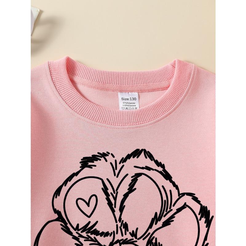 European Sizes Kids' Sweatshirts, Girls' Autumn Winter Cute Cat Paw Print Long Sleeve Round Neck Sweatshirt, Casual Daily Wear.