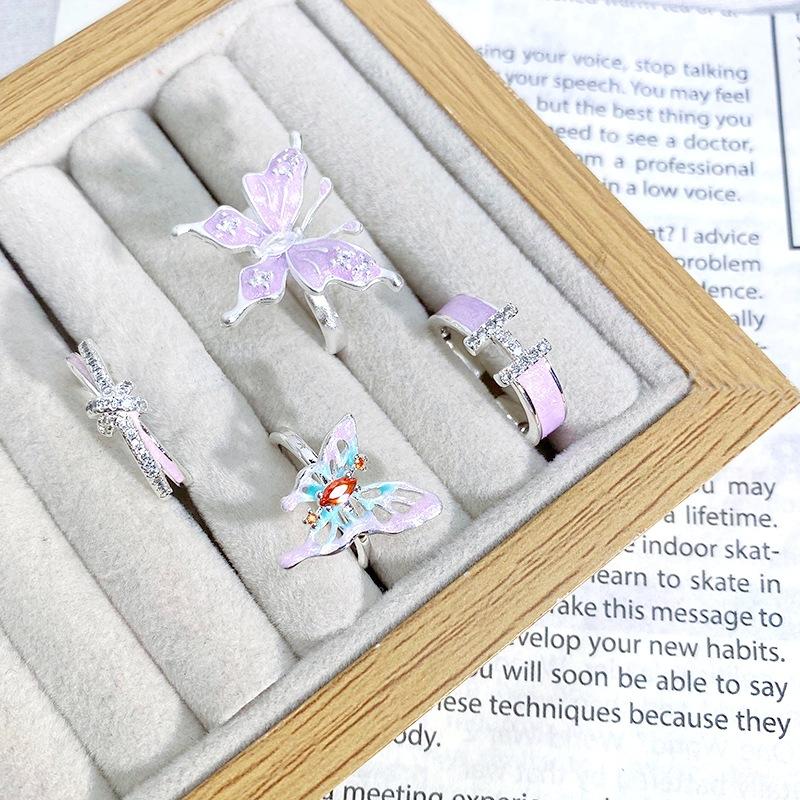 Niche Sweet And Gentle Purple Enamel Oil Drop Butterfly Open Ring High Sense Letter H Inlaid Zircon Ring Female