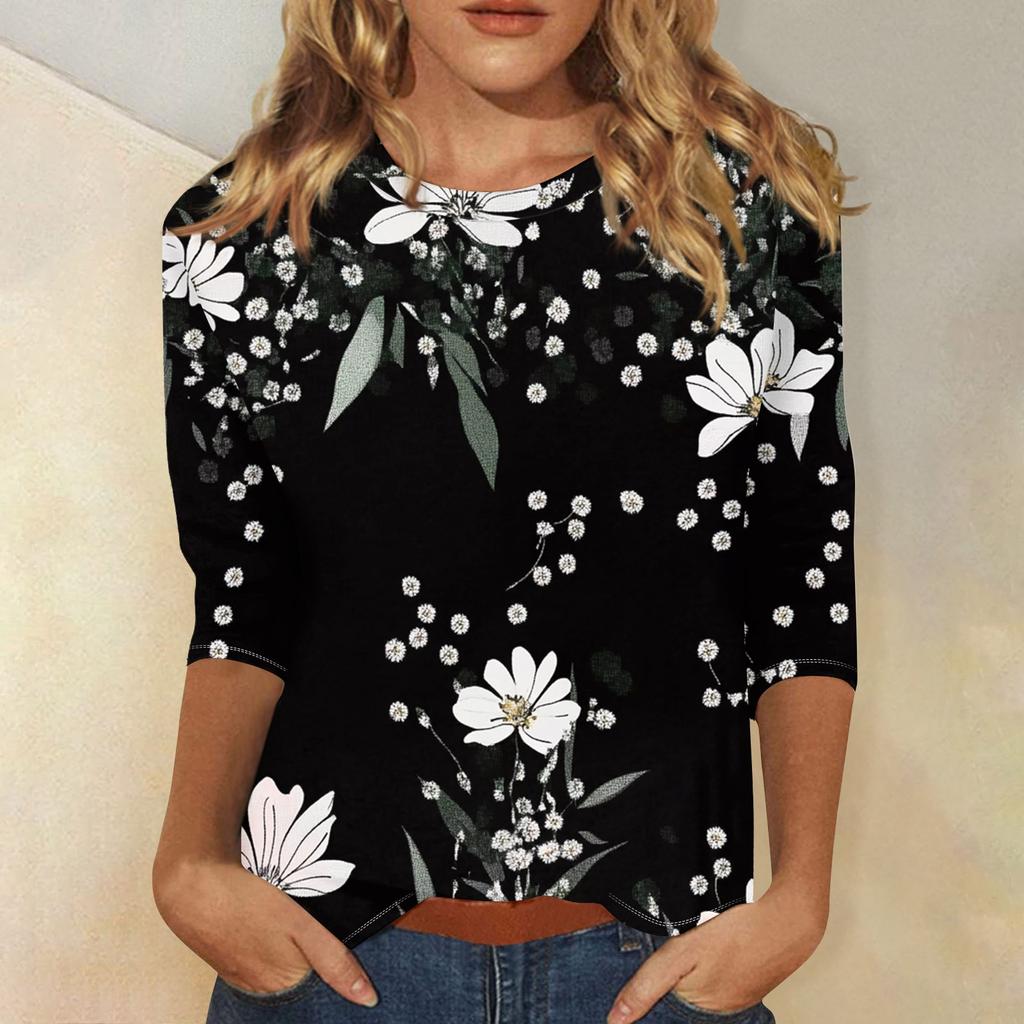 Modisches, lässiges Damenoberteil mit dreiviertel Ärmeln und Blumendruck und Rundhalsausschnitt