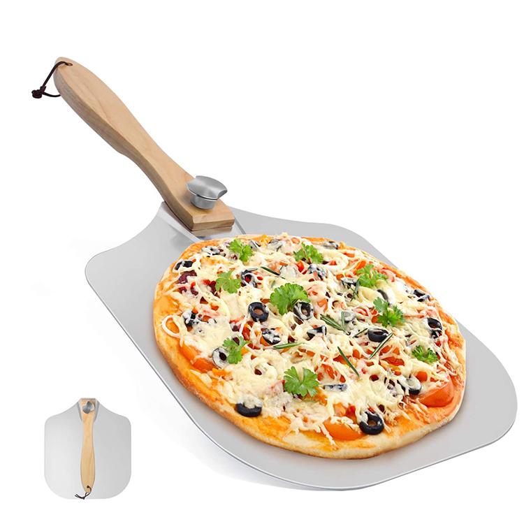 12 Inch Aluminum Pizza Paddle Pizza Peel with Foldable Wood Handle for Baking Homemade Pizza Bread серебряный